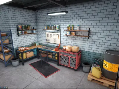 Garage-Autoservice Repair Workshop Unity URP Low-poly 3D model