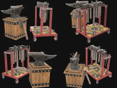 Anvil with Ironwork Tools and Rack Set 1 3D Model Pack