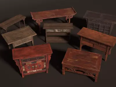 3D Antique Asian Chinese style furniture tables cabinets Low-poly 3D model