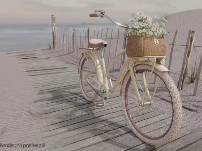 Beach cruiser bicycle with daisy basket and beach scene 3D model
