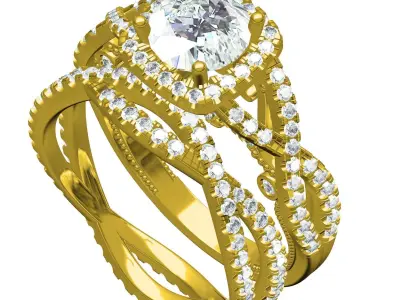 Antique Round Diamond Square Halo Twisted Shank Ring Set 3D print model