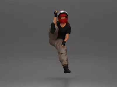 Biker woman in red helmet striking pose on black motorcycle 3D print model