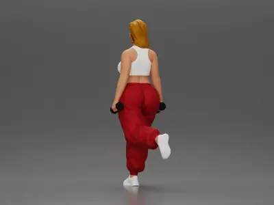 Strong woman power walking with dumbbells wearing top and pants 3D print model