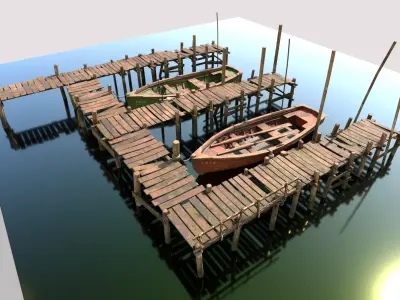 Wooden Pier With Fishing Boats 3D model