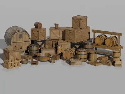LowPoly PBR 35 Wooden Crate Barrel props Pack 3D Models Low-poly 3D model