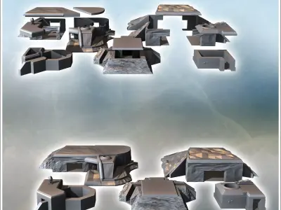 Set of five modern bunkers with anti-aircraft fortifications 33 3D print model