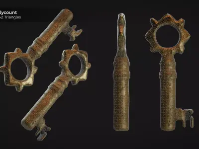Ancient Roman Brass Key PBR game ready Low-poly 3D model