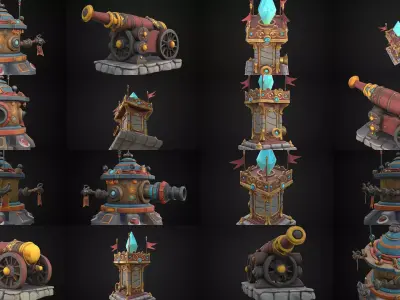 Stylized Turrets - Hand Painted 3D Model Pack
