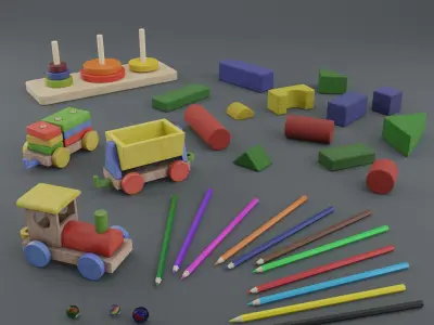 Childhood wooden toy train 3D Model Pack
