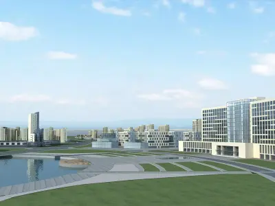 Architecture city with tall buildings and lake 3D model