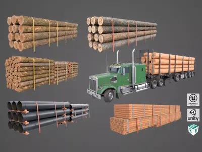 Generic Heavy Truck 07 Log Trailer with Loads All PBR Textures Low-poly 3D model