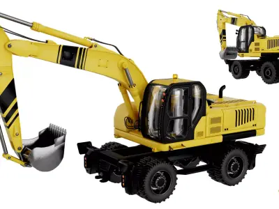 High Quality Wheeled Excavator with Realistic Materials Low-poly 3D model