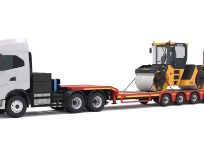 Iveco S-WAY Tractor and Lowboy Trailer Volvo DD105 Compactor 3D model