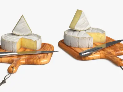 Brie Cheese Wheel on Wooden Board with Knife 3D model