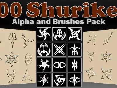 100 Shuriken Alpha and Brushes Pack for Zbrush Low-poly 3D model