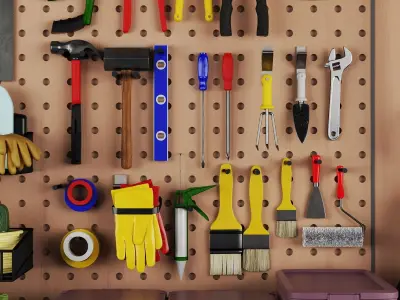 Professional Workshop Tools And Maintenance Pegboard Set 3D model