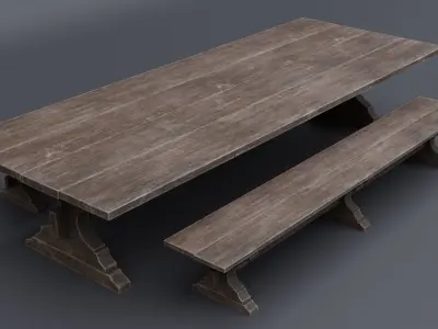 Medieval Table with Bench Low-poly 3D model