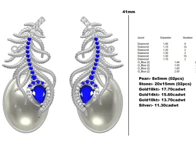 Antique Peacock Feather Pearl Drop Earring 3D print model