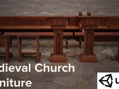 Medieval Church furniture Low-poly 3D model