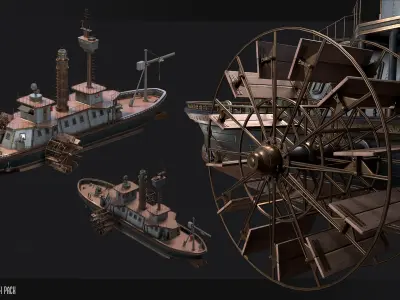 Steampunk Battleship 3D Game Ready Kitbash Textured Low-poly 3D model