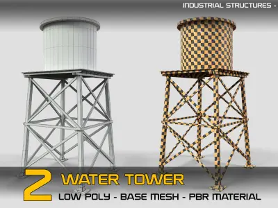 2 Water Towers with PBR material Low-poly 3D model