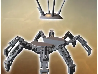 Robotic spider-like machine with multiple articulated legs and a 3D print model