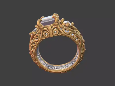 Ornate scrollwork silver and gold square faceted gemstone ring 3D print model