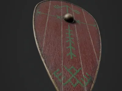 Slavic kite wooden shield-painted red with pagan symbol Low-poly 3D model