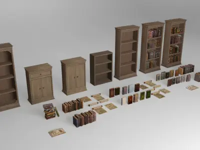 Old books - ancient bookcases and book shelfs - 46 items Low-poly 3D model