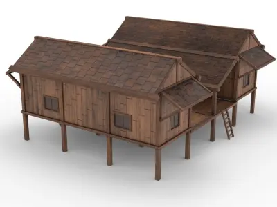 Thai wooden house Low-poly 3D model