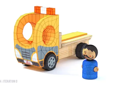 Toy Wood tow truck and character Camion et personnage en bois Low-poly 3D model