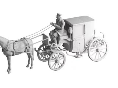 Vintage Horse-Drawn Carriage with Coachman Horse - Game Ready  Low-poly 3D model