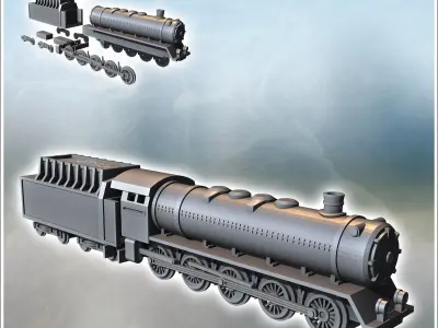 Set of steam locomotive with five axles and a coal wagon at the  3D print model