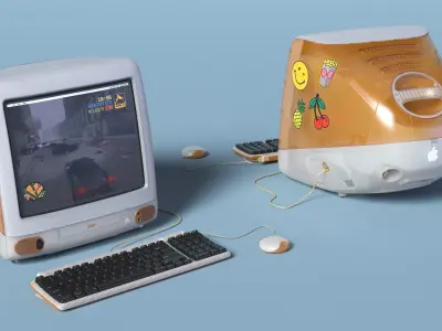 Retro Orange Desktop Computer with Stickers 3D model