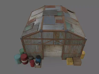 Post-Apocalyptic Industrial Hangar Low-poly 3D model