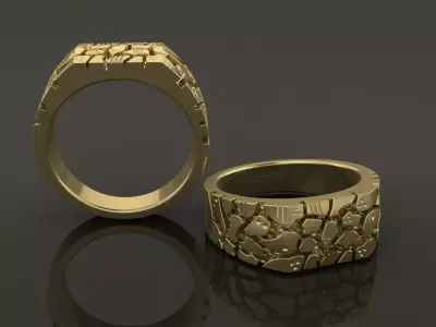 Gold Nugget Narrow Rectangular Signet Ring Mix Size 3D print model