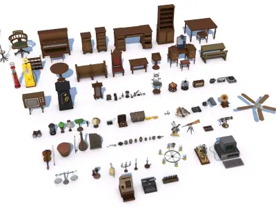 80 Vintage Antique Interior Exterior Furniture Props Collection Low-poly 3D model