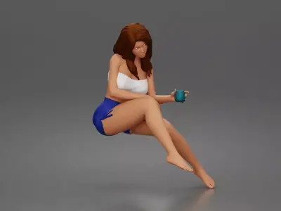 Relaxed woman sips morning coffee wearing summer top and shorts 3D print model