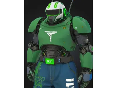 Futuristic Combat Robot in Green Armor Low-poly 3D model
