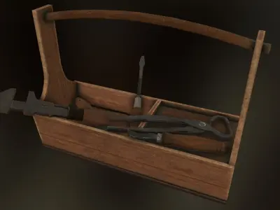 Retro wooden agricultural tool box  Low-poly 3D model