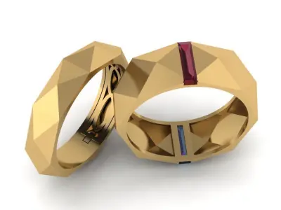 triangular couple ring with two different colors gem stones 3D print model