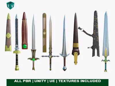 5 Fantasy Swords All PBR Unity UE Textures Included  3D Model Pack