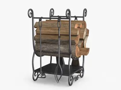 Fireplace Tools with Pile of Wood Low-poly 3D model