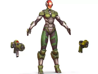 Sci-FI Woman Cyborg Soldier with Rifle and Pistol  Low-poly 3D model