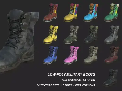 Military Boots with 17 SKINS  Low-poly 3D model