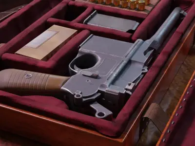 Mauser C96 Broomhandle with carry  case low poly game asset Low-poly 3D model