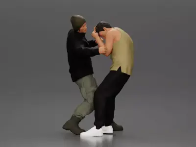 Asian Man in Hoodie Defending Against Attack in Intense Fight 3D print model