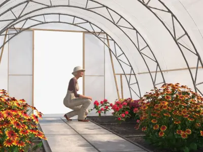 Flowers Greenhouse Tent with Gardener 3D model