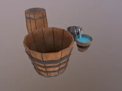 Buckets wooden bucket with water in it Free low-poly 3D model