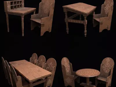 Elegant Tables and High Wood Chair Collection 3D Model Pack